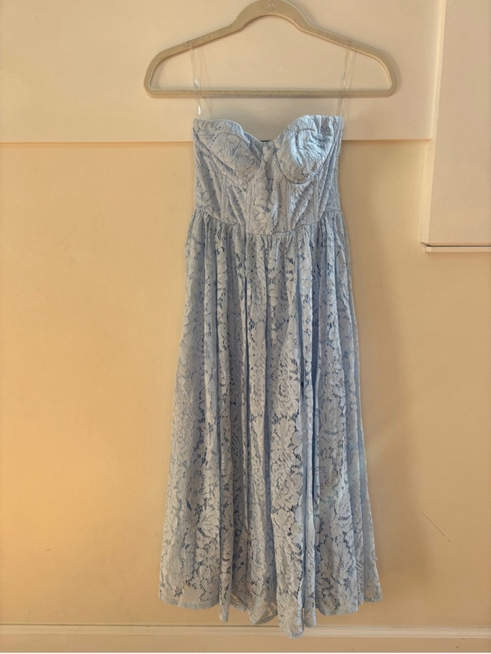 Strapless Light Blue Lace Midi Dress